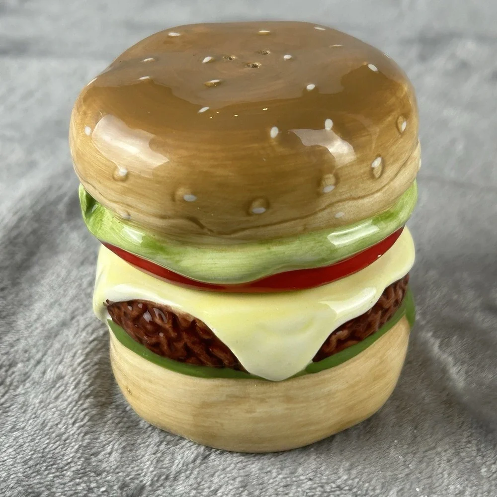 Pier 1 Imports Cheeseburger Deluxe Salt & Pepper Shakers Ceramic Stacking Kitsch